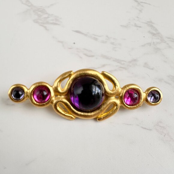 Vintage David Dubin 2.75" Gold-Tone Brooch W/ Purple & Pink Glass Cabochons - Picture 1 of 10